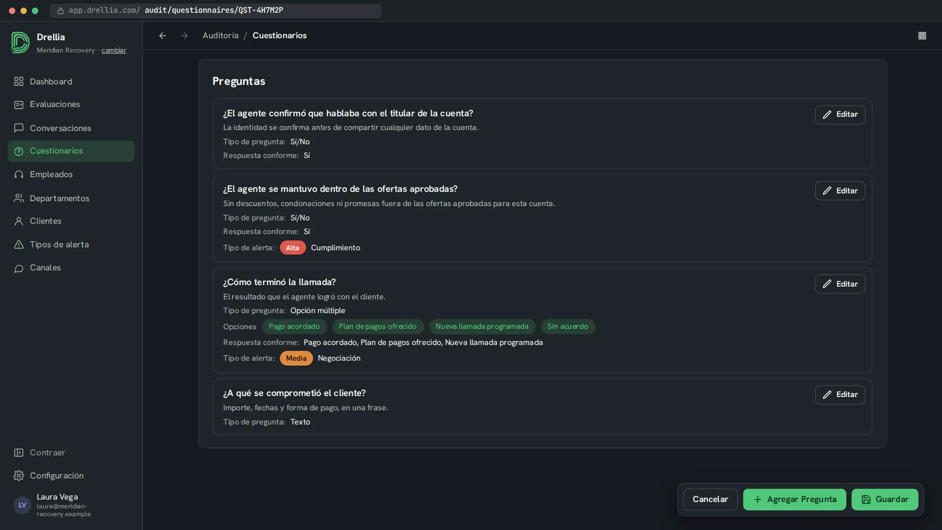 Cuestionario de Drellia con preguntas de sí/no, opción múltiple y texto, sus respuestas conformes y tipos de alerta de nivel alto y medio