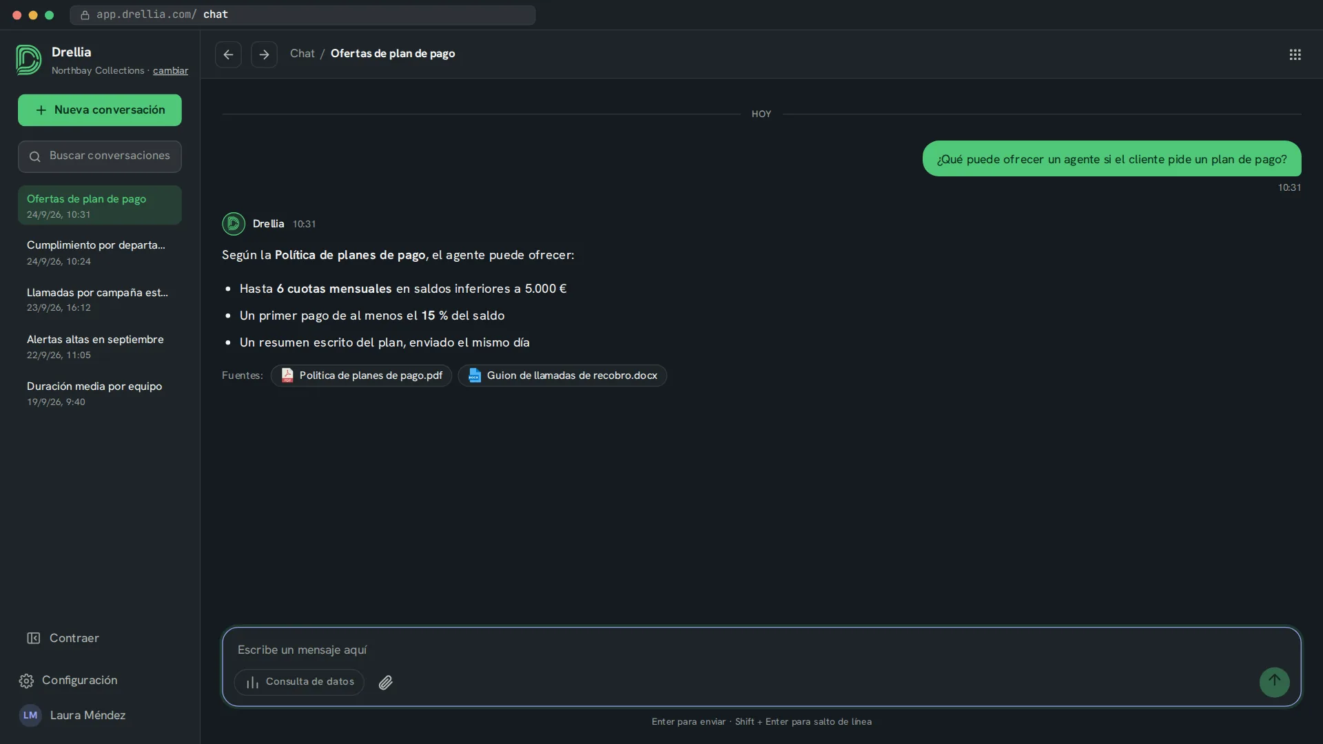 Respuesta de Drellia Chat sobre las ofertas de plan de pago tomada de la base de conocimiento, con los documentos fuente debajo